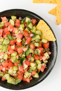 High angle view of chopped fruits in bowl