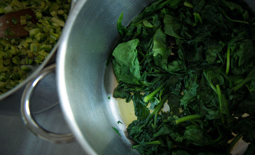 High angle view of spinaches in bowl