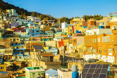 High angle view of buildings against clear sky