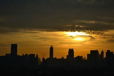 Silhouette of city at sunset