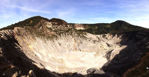 Scenic view of mountains against cloudy sky