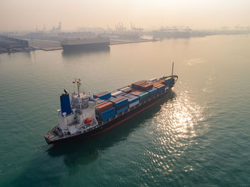 High angle view of ship sailing in sea