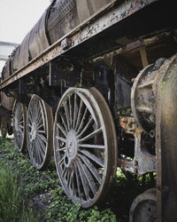 Old abandoned railroad tracks on field