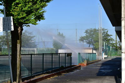 Footpath by trees against clear sky