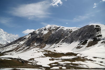 Scenic view of snow covered mountains against sky