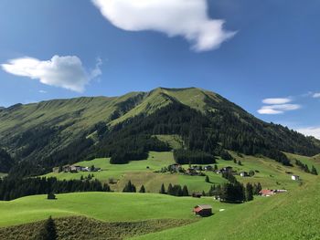 Scenic view of green landscape against sky