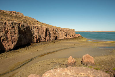 Rock formations on beach against clear sky