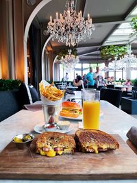 High angle view of breakfast served on table in restaurant