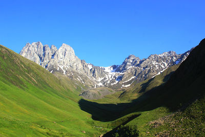 Scenic view of snowcapped mountains against clear blue sky