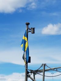 Low angle view of pole against blue sky