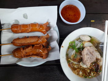 High angle view of food served on table