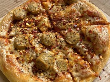 High angle view of pizza on table