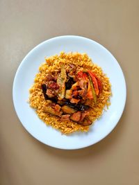 High angle view of food in plate on table