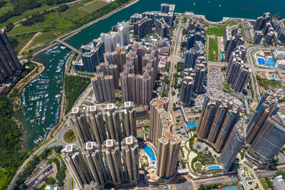 High angle view of modern buildings in city