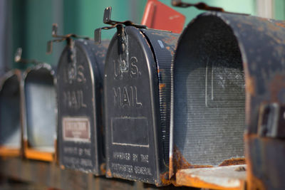 Close-up of mailboxes