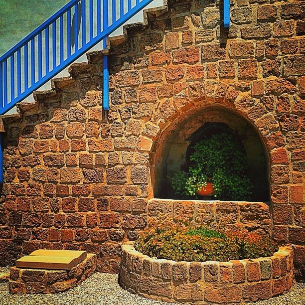 architecture, built structure, building exterior, brick wall, plant, potted plant, arch, wall - building feature, sunlight, stone wall, steps, day, house, outdoors, no people, railing, pattern, wall, growth, steps and staircases