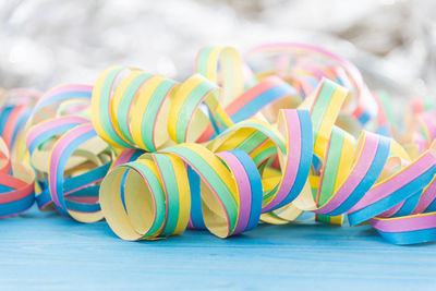 Close-up of multi colored candies on table