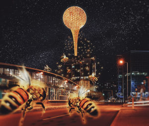 Digital composite image of illuminated street at night