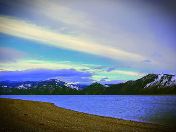 Scenic view of lake and mountains against sky