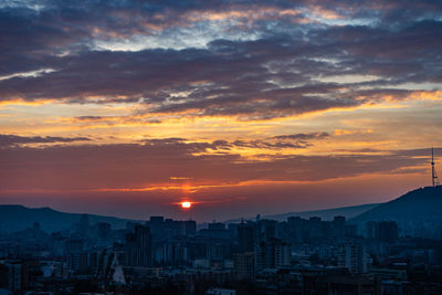 Winter sun rises over tbilisi downtown, georgia