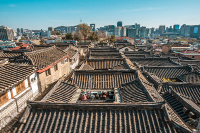 Aerial view of cityscape against sky