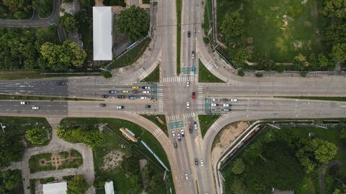 High angle view of bridge over road in city