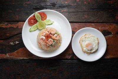 High angle view of meal served on table