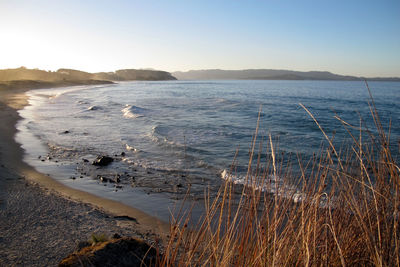 Scenic view of beach against clear sky