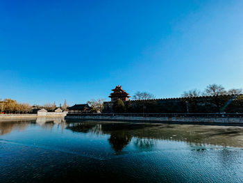 Scenic view of lake against clear blue sky