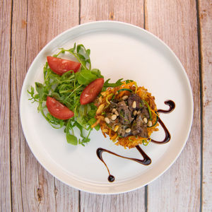 High angle view of food in plate on table