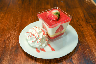 High angle view of dessert served on table