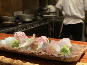 Close-up of sushi served on table