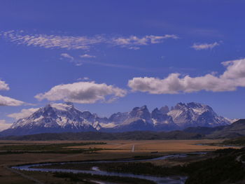 Scenic view of snowcapped mountains against sky. torres del paine mountains, chile