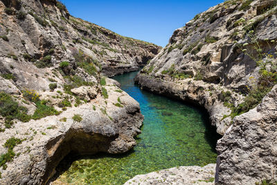 Scenic view of river by mountains against clear sky