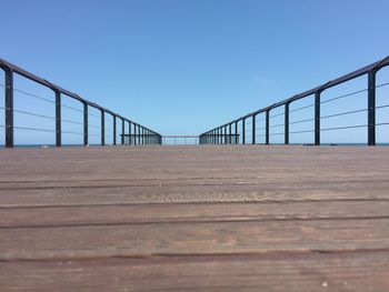 Surface level of footbridge against clear blue sky