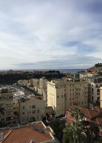 High angle shot of townscape against sky