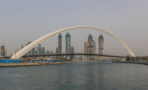 Bridge over river with buildings in background