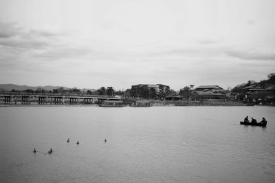 Swans on lake against sky