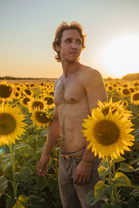 Portrait of young man standing amidst sunflowers against sky during sunset