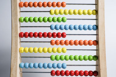 Close-up of multi colored abacus against blue background