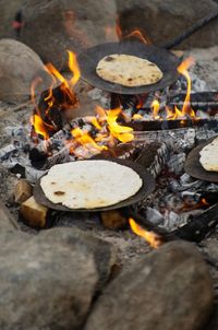 High angle view of food on wood