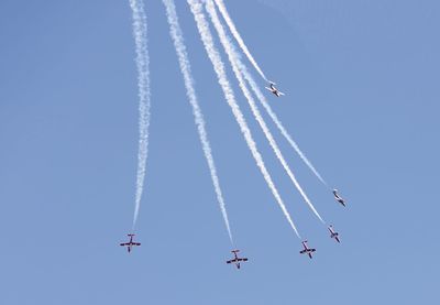 Low angle view of helicopter flying in sky