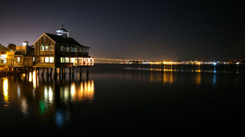 Reflection of illuminated buildings in water