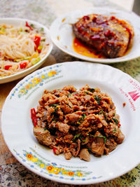 High angle view of food in plate on table