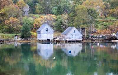 Reflection of trees and buildings on lake