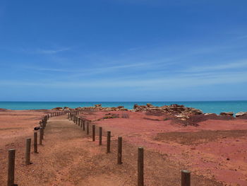 Scenic view of beach against blue sky