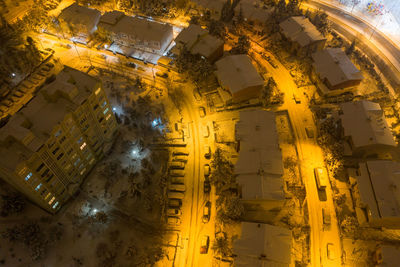 High angle view of city street at night