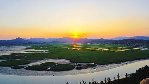 Scenic view of mountains at sunset