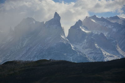 Scenic view of mountains against cloudy sky