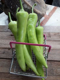 High angle view of chili peppers on table